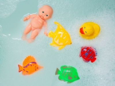 toys floating the the bathtub