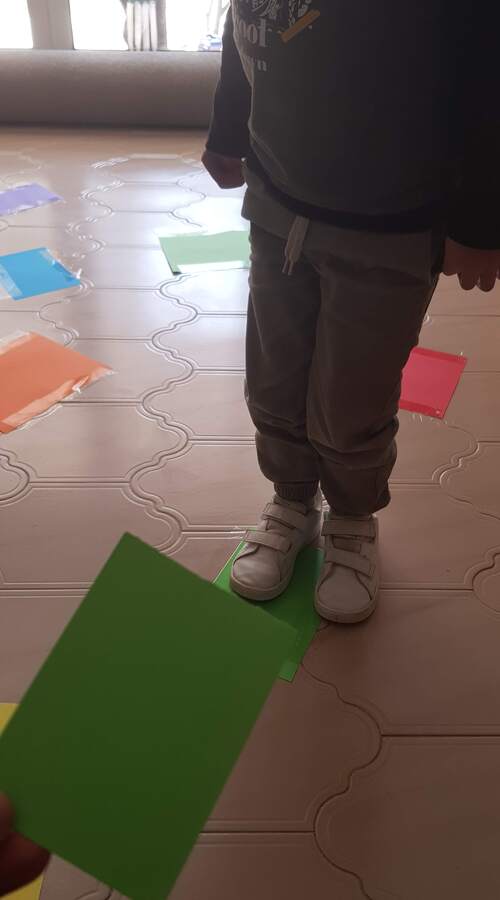 playing the coloured paper stepping stones game- the child has to hop on the colour shown by the card.