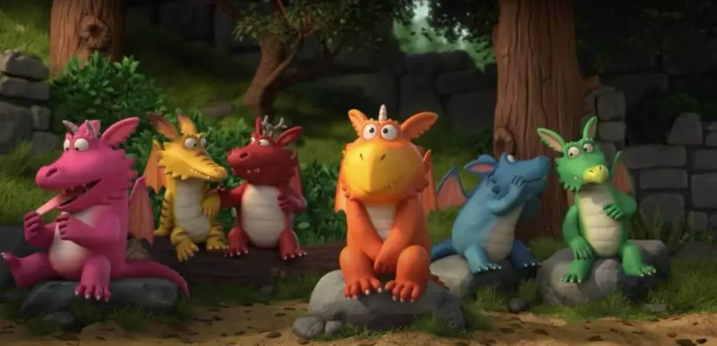 An eager Zog listening to Madame Dragon together with the other little dragons